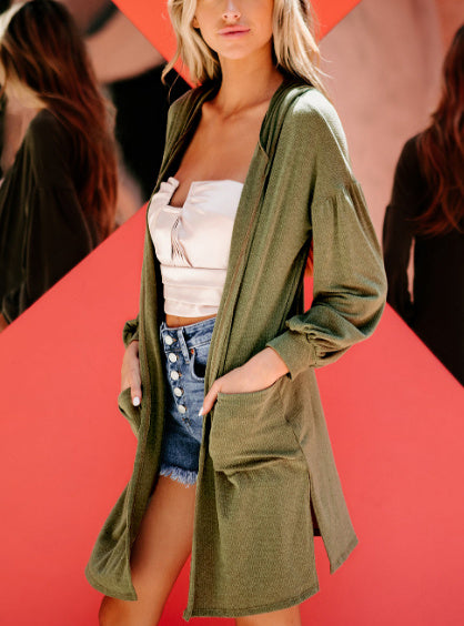 Guacamole Green Hooded Side Split Open Kimono With Pocket