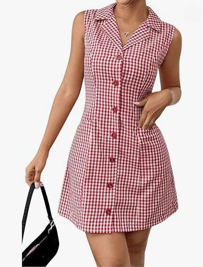 French Style Retro Plaid Sleeveless Women's Lapel Dress