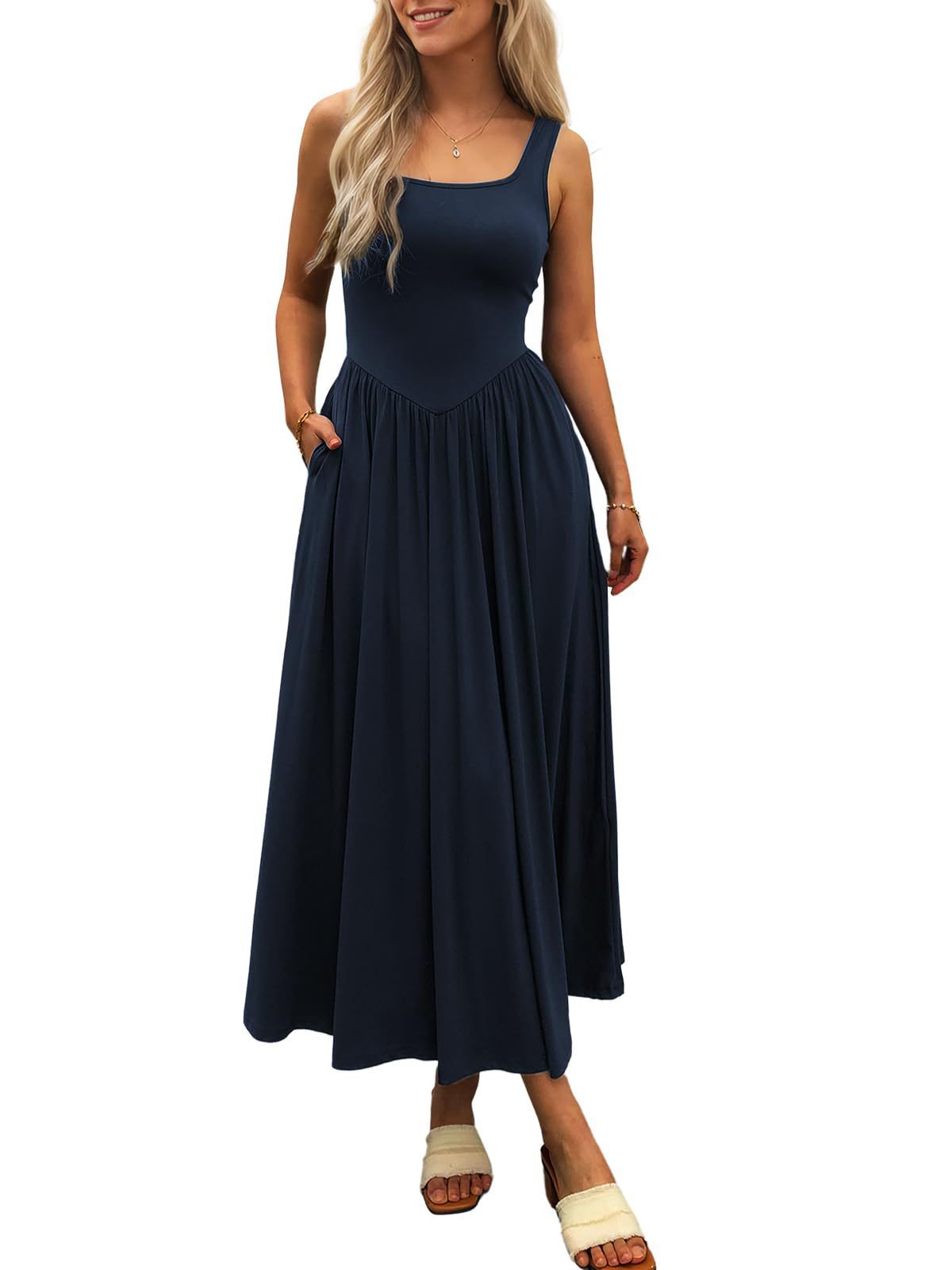European And American New Graceful And Fashionable Sling Square Collar Pleated Dress Women