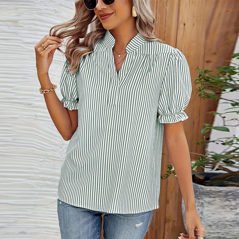 Striped Shirt Lantern Short Sleeve Pullover Women's Top