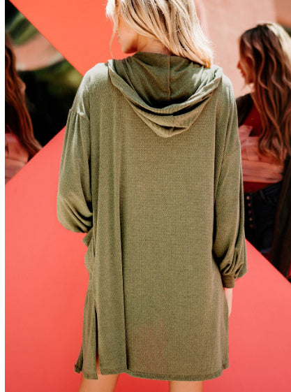 Guacamole Green Hooded Side Split Open Kimono With Pocket