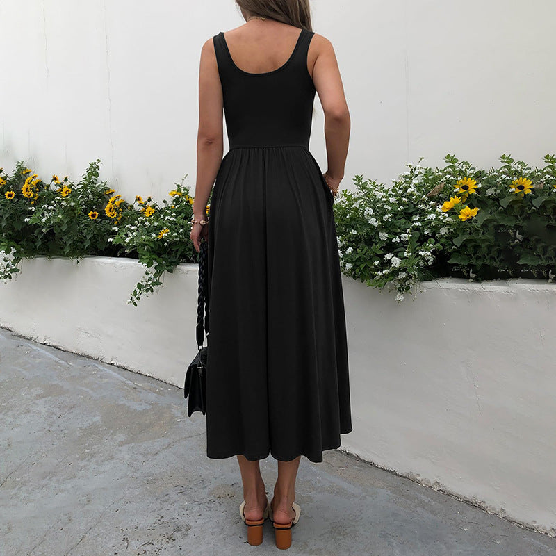 European And American New Graceful And Fashionable Sling Square Collar Pleated Dress Women