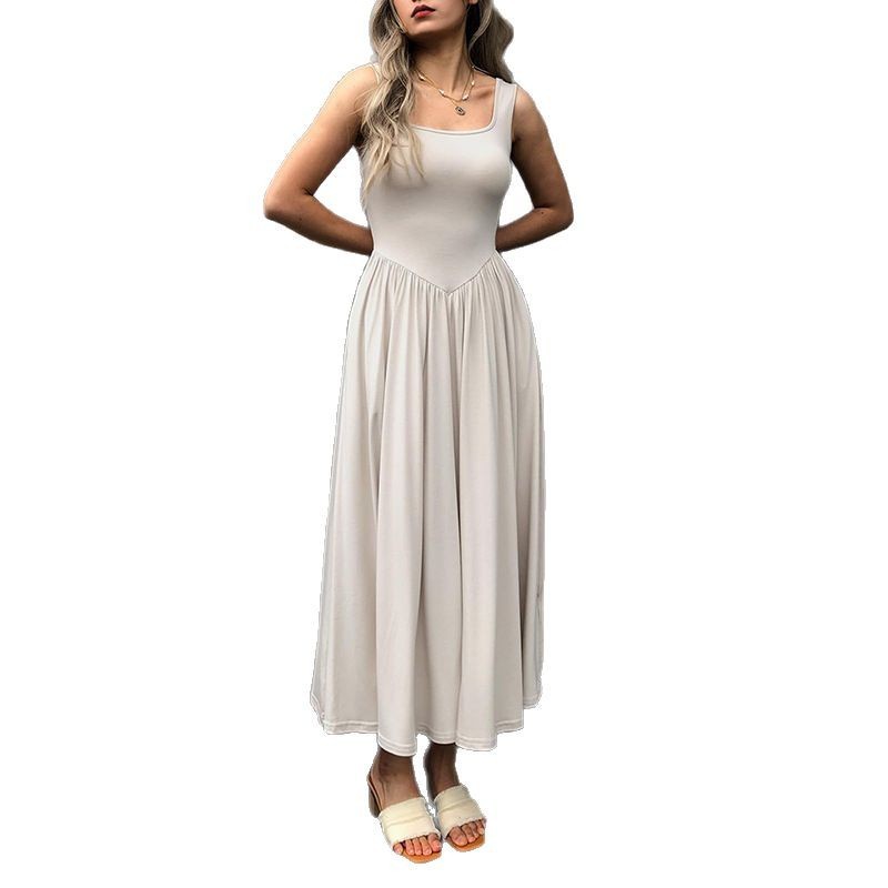 European And American New Graceful And Fashionable Sling Square Collar Pleated Dress Women