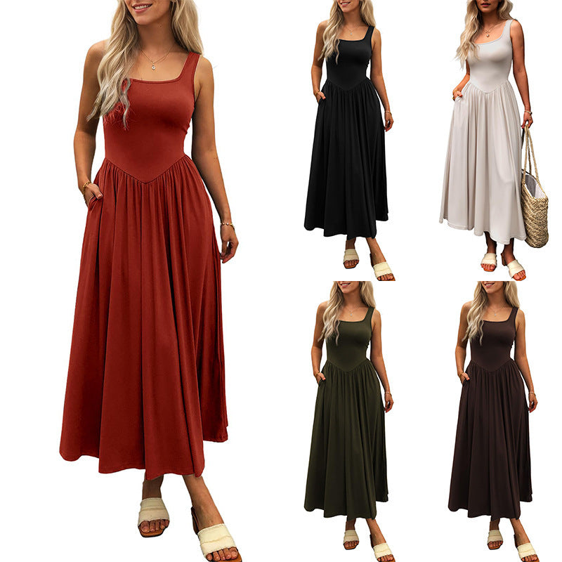European And American New Graceful And Fashionable Sling Square Collar Pleated Dress Women
