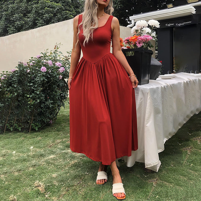 European And American New Graceful And Fashionable Sling Square Collar Pleated Dress Women