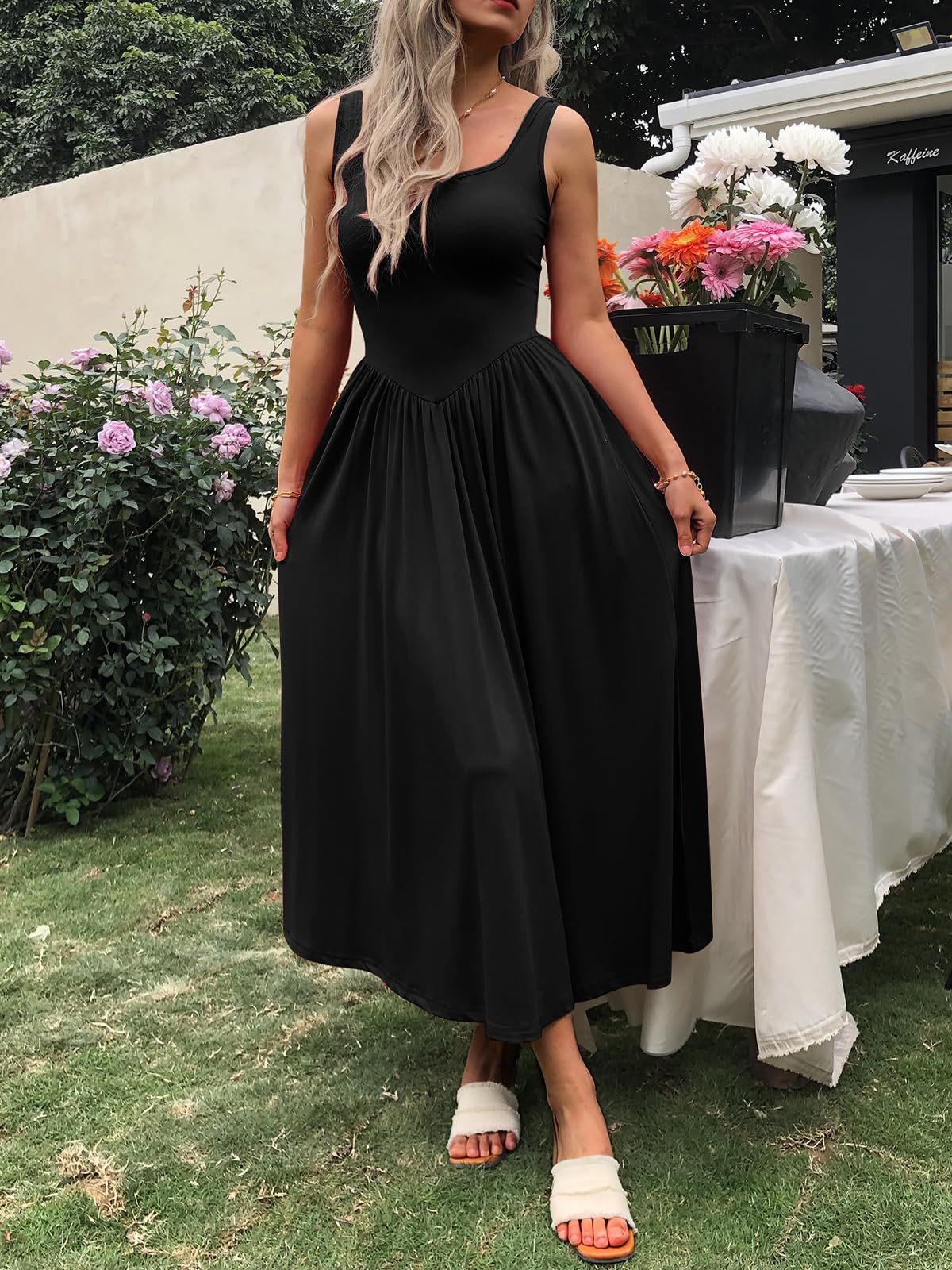 European And American New Graceful And Fashionable Sling Square Collar Pleated Dress Women