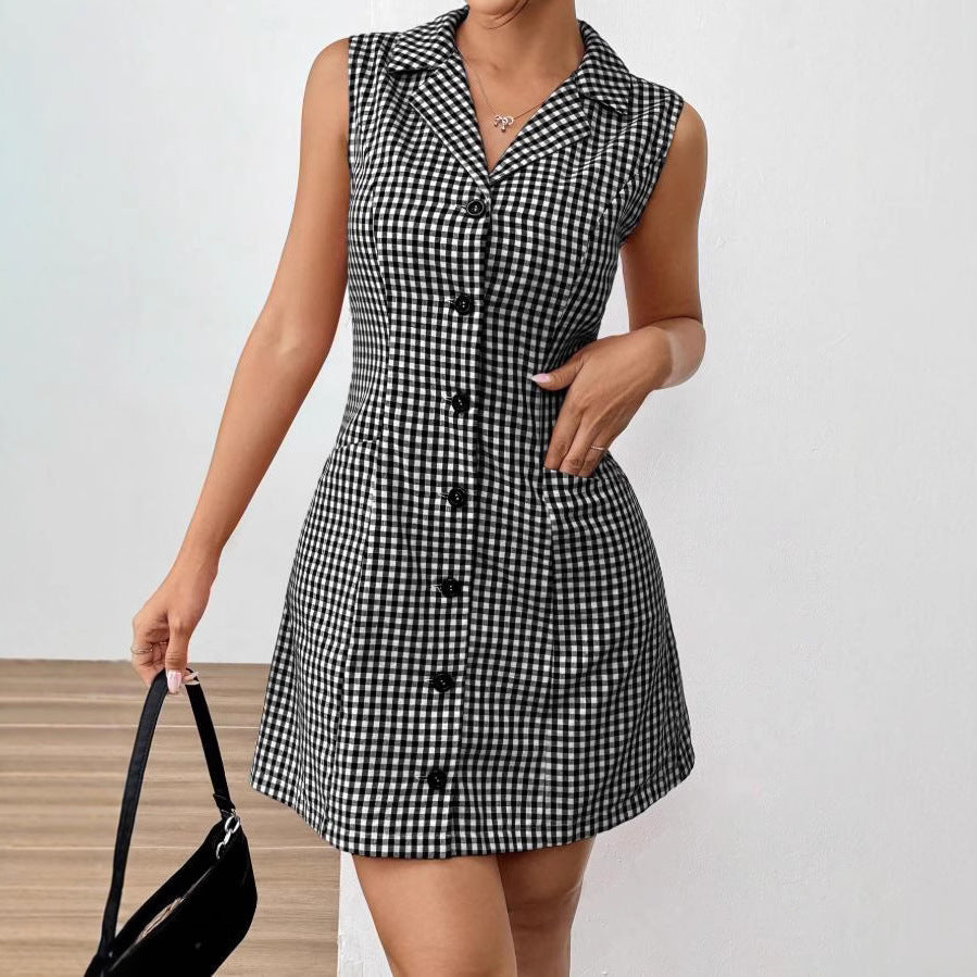 French Style Retro Plaid Sleeveless Women's Lapel Dress