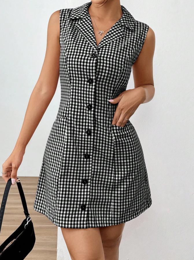 French Style Retro Plaid Sleeveless Women's Lapel Dress