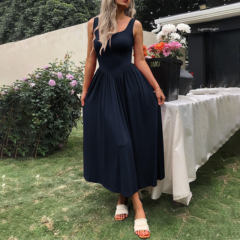 European And American New Graceful And Fashionable Sling Square Collar Pleated Dress Women