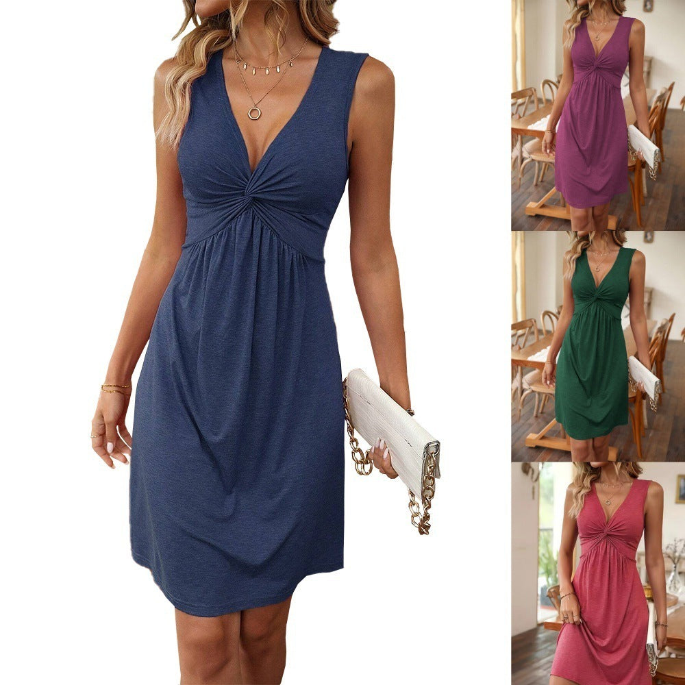 Sleeveless V-neck Design Chest Kinked Pleated Waist Tight Dress
