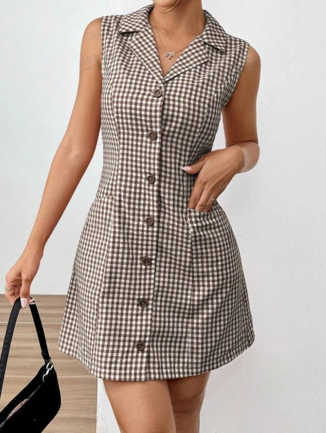 French Style Retro Plaid Sleeveless Women's Lapel Dress