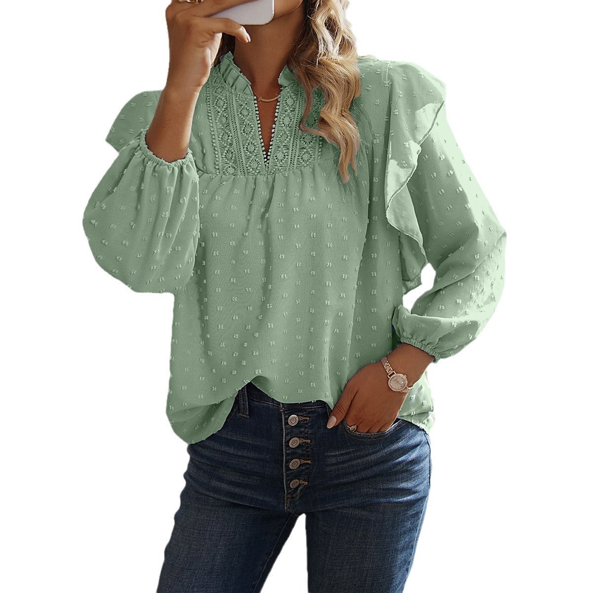 Spring And Summer Ruffled Lantern Sleeves Lace Stitching Coat