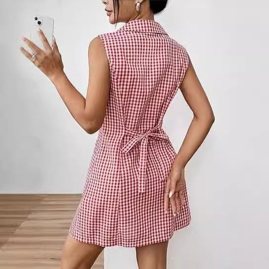 French Style Retro Plaid Sleeveless Women's Lapel Dress