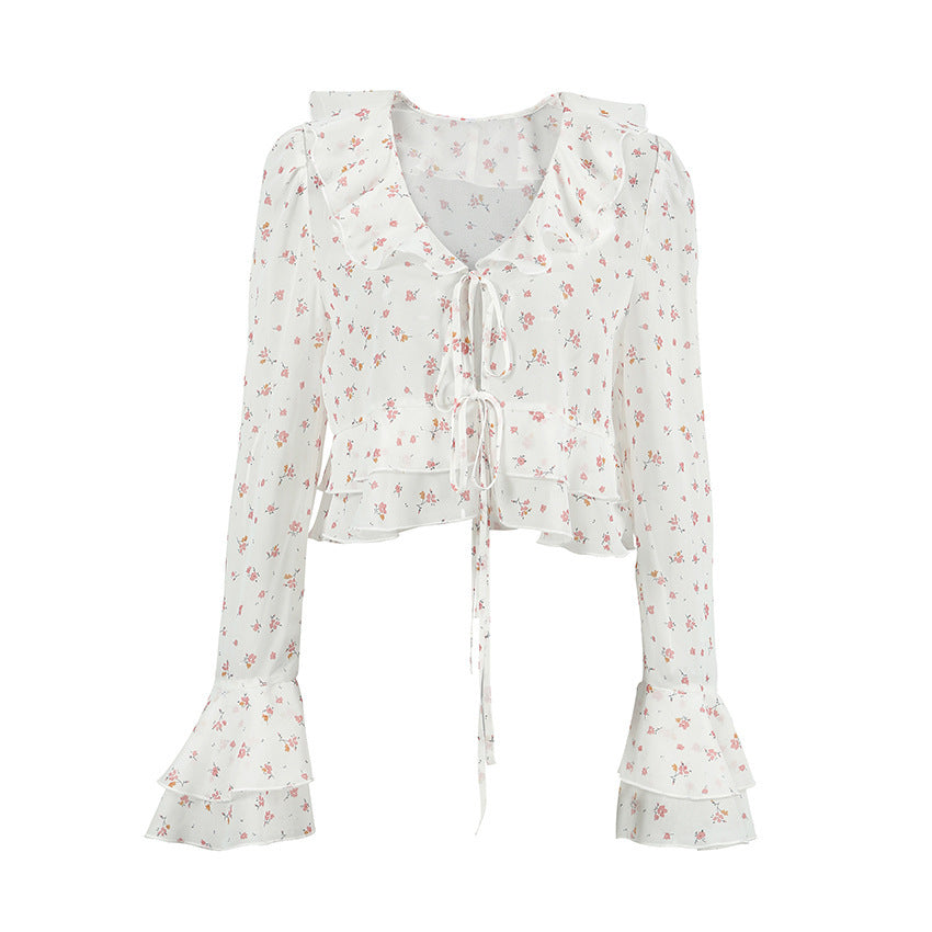 Women's Chiffon Printed Slim-fit Flared Sleeves Tied Lotus Leaf Shirt